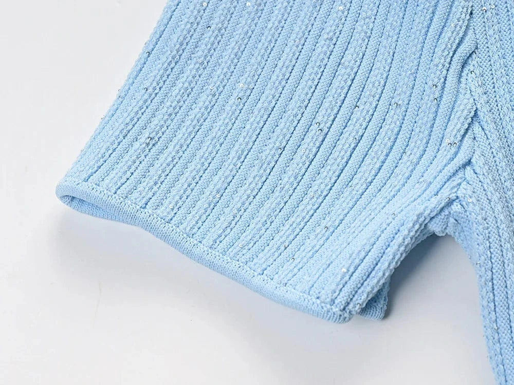 Vintage Elegant Style 2024 Spring Lady Turn-down Collar Short Sleeve Women Knit Sequin Slim Fitted Flounced Short Solid Dress