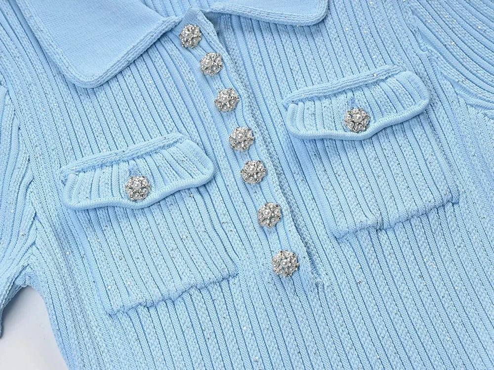 Vintage Elegant Style 2024 Spring Lady Turn-down Collar Short Sleeve Women Knit Sequin Slim Fitted Flounced Short Solid Dress