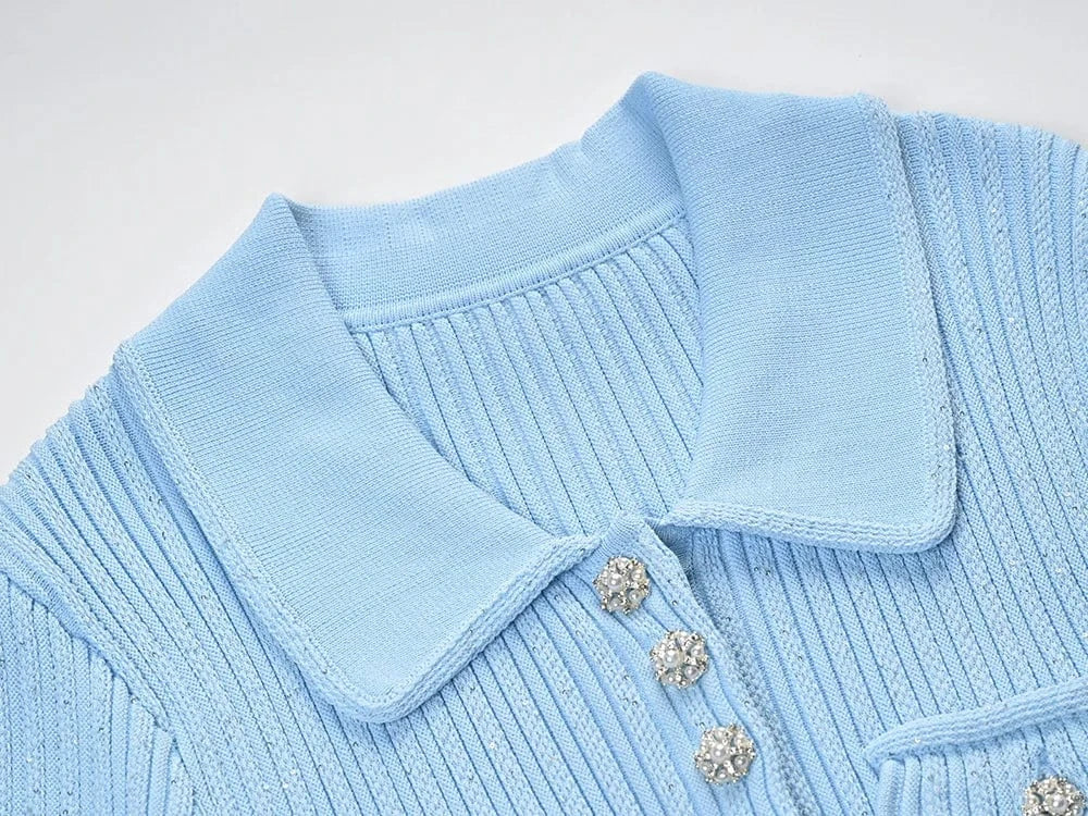 Vintage Elegant Style 2024 Spring Lady Turn-down Collar Short Sleeve Women Knit Sequin Slim Fitted Flounced Short Solid Dress