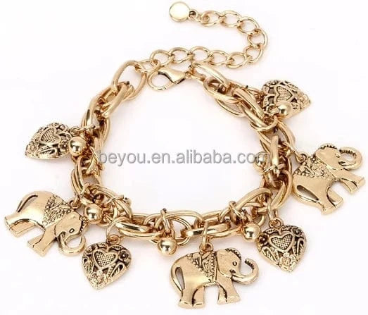 Vintage Elephant Gold Color Elephant Heart Charms Bracelets Jewelry