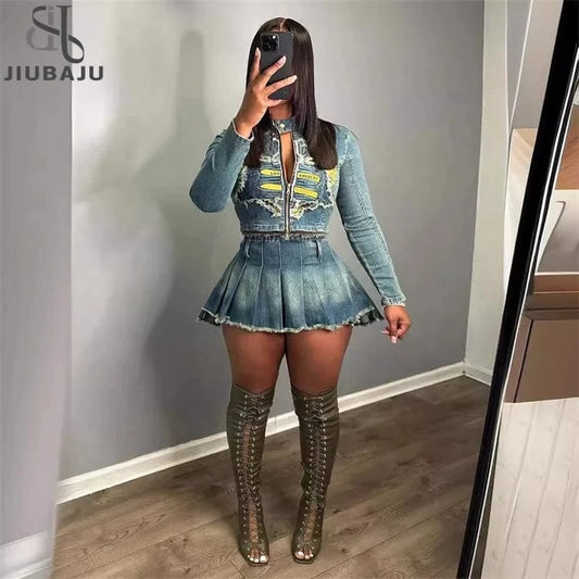 Vintage Embroidery Tassel Denim 2 Piece Set Women Spring Contrast Colors Zipper Crop Top Pleated Mini Skirt
