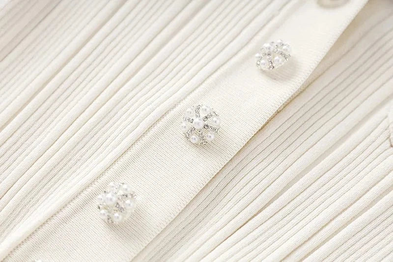 Vintage French Style Spring Lady Solid Turn-down Collar Long Sleeve Women Knit Beading Slim Fitted Flared Hem Maxi Dress