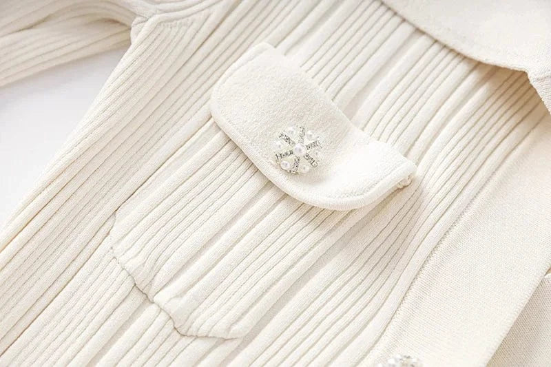 Vintage French Style Spring Lady Solid Turn-down Collar Long Sleeve Women Knit Beading Slim Fitted Flared Hem Maxi Dress