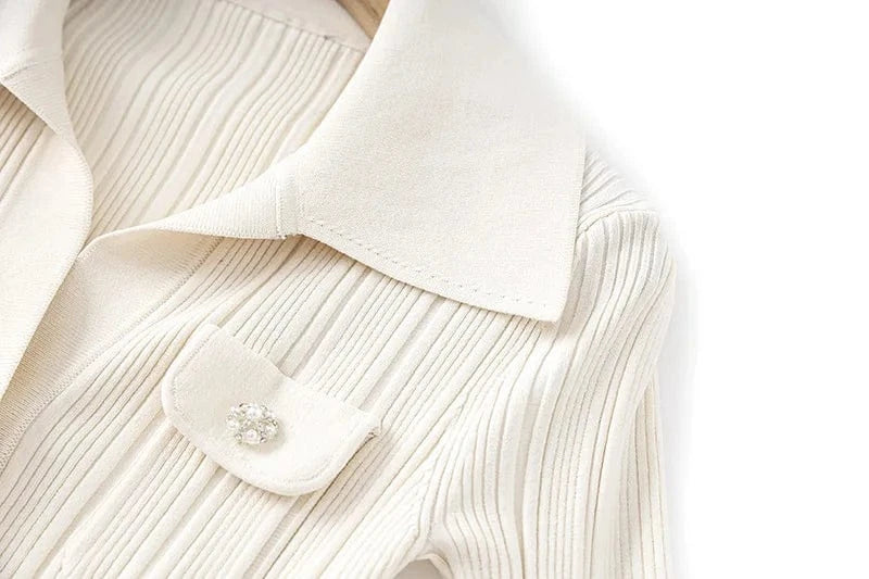 Vintage French Style Spring Lady Solid Turn-down Collar Long Sleeve Women Knit Beading Slim Fitted Flared Hem Maxi Dress