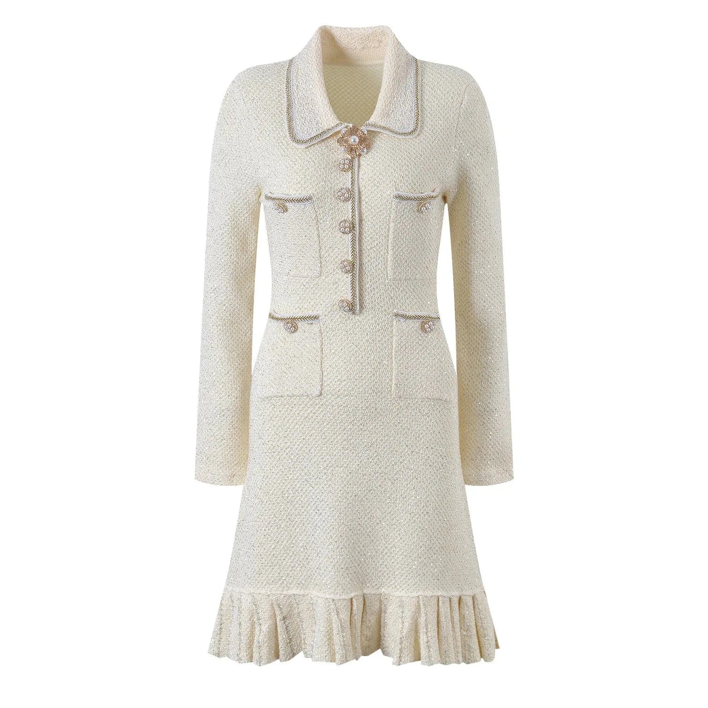 Vintage French Style Spring Lady Solid Turn-down Collar Long Sleeve Women Knit Sequin Beading Slim Fitted Flounced Short Dress