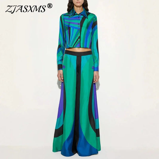 Vintage Geometric Print Satin Elegant Women's Sets Spring Button Polo Neck Shirt & Wide Leg Pants Outfit Long Sleeve Autumn Suit - SN Wigs & More