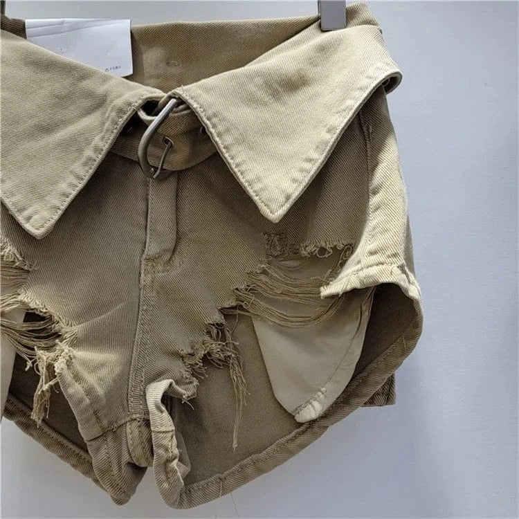 Vintage Holes Patchwork Denim Shorts Women Trend Lapel High Waist Irregular Jeans Pants