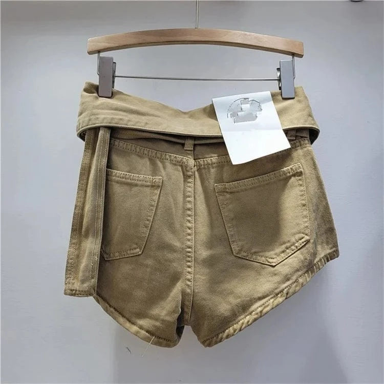 Vintage Holes Patchwork Denim Shorts Women Trend Lapel High Waist Irregular Jeans Pants