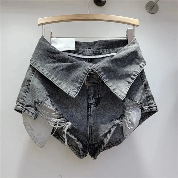 Vintage Holes Patchwork Denim Shorts Women Trend Lapel High Waist Irregular Jeans Pants