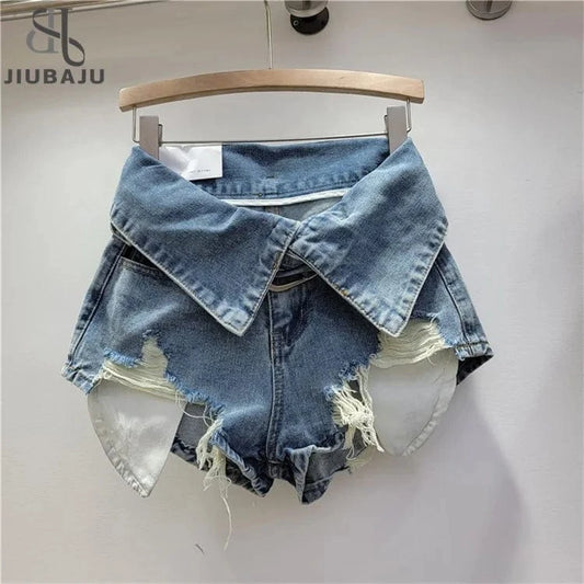 Vintage Holes Patchwork Denim Shorts Women Trend Lapel High Waist Irregular Jeans Pants