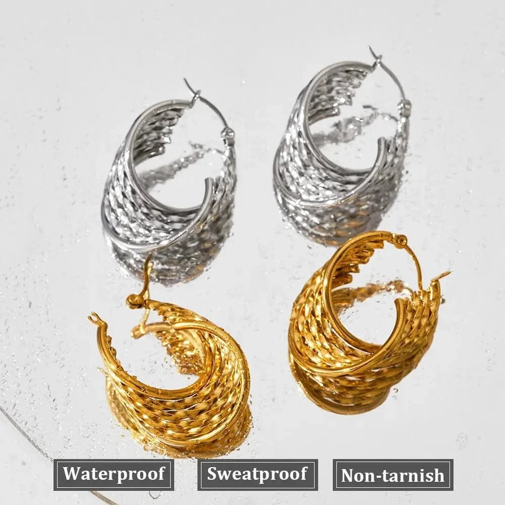 Vintage Irregularity Tarnish Free Jewelry Gold Plated Stainless Steel Multi-Layer Twisted Hoop Earrings for Women Luxury