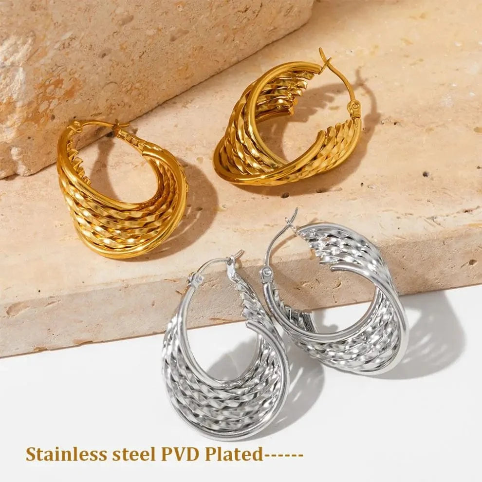 Vintage Irregularity Tarnish Free Jewelry Gold Plated Stainless Steel Multi-Layer Twisted Hoop Earrings for Women Luxury