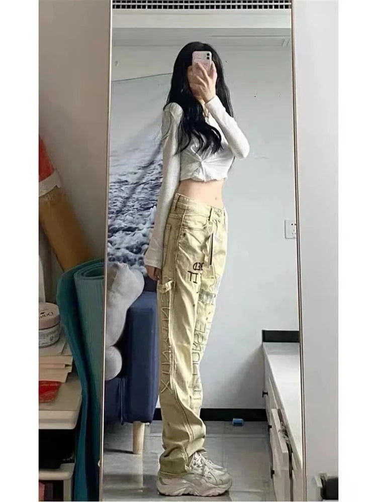 Vintage Letter Embroidered Jeans Woman High Waist Korean Fashion Ink Splash Pants Streetwear Straight Baggy Pants