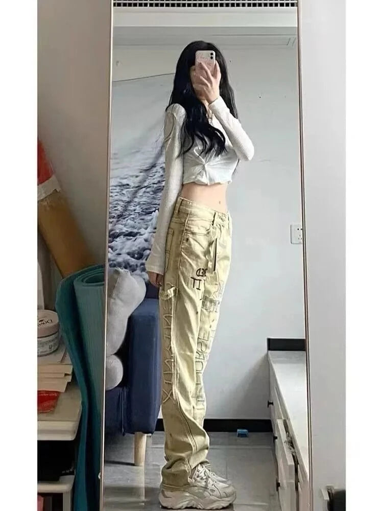 Vintage Letter Embroidered Jeans Woman High Waist Korean Fashion Ink Splash Pants Streetwear Straight Baggy Pants
