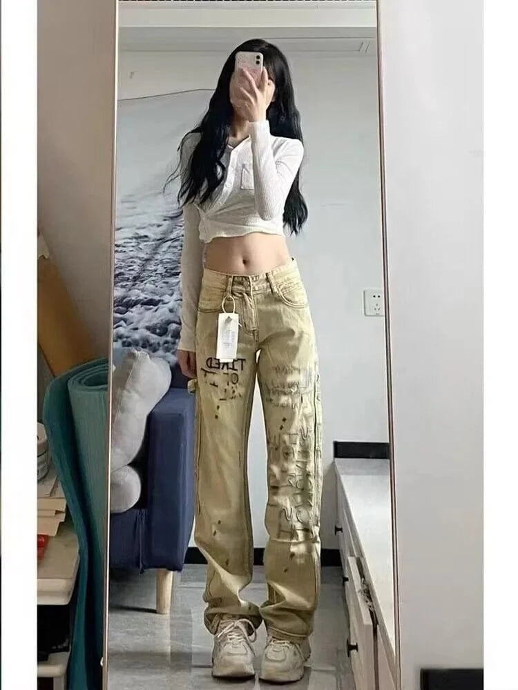 Vintage Letter Embroidered Jeans Woman High Waist Korean Fashion Ink Splash Pants Streetwear Straight Baggy Pants