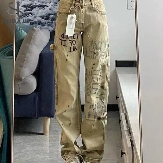 Vintage Letter Embroidered Jeans Woman High Waist Korean Fashion Ink Splash Pants Streetwear Straight Baggy Pants