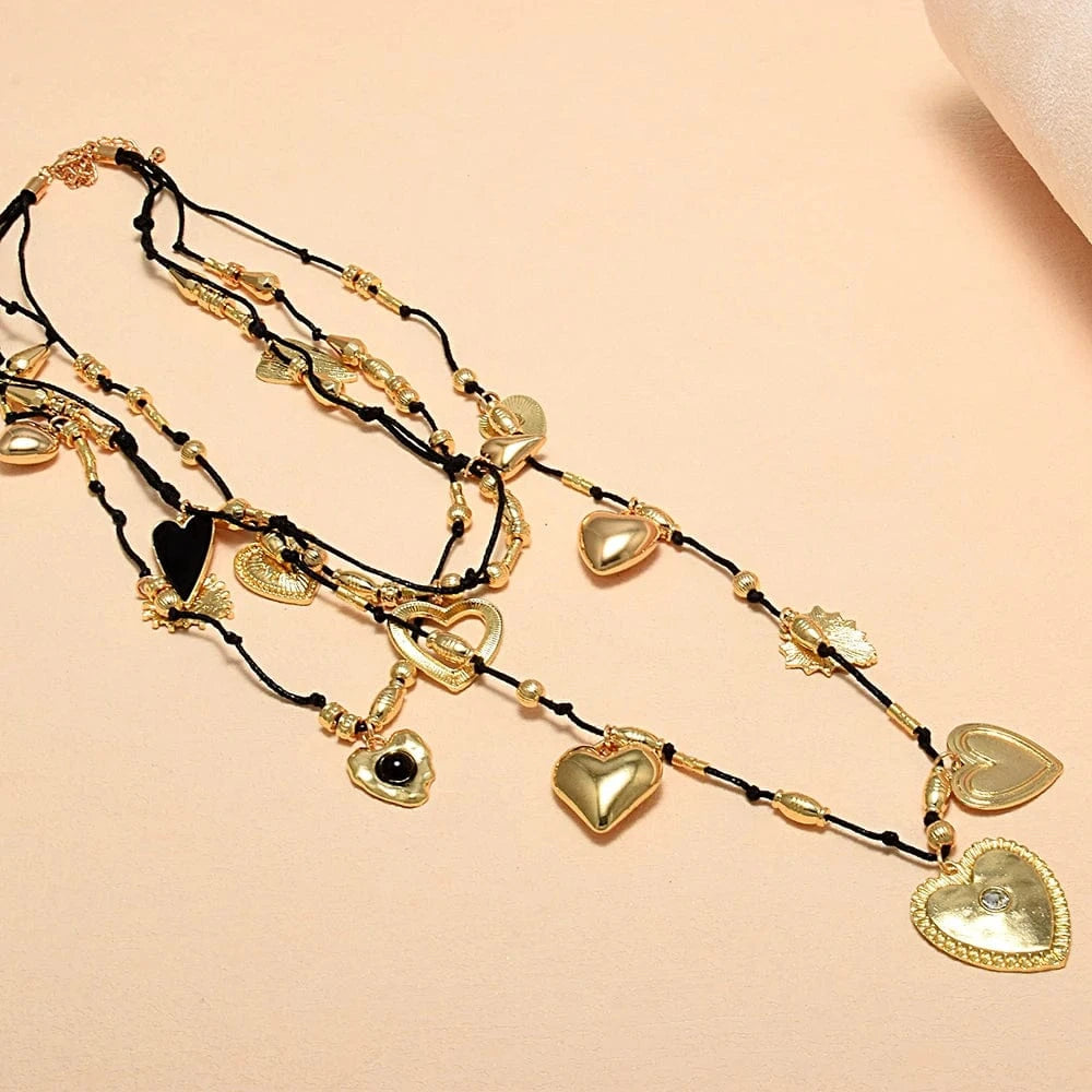 Vintage Multi Layer Rope Heart Pendant Necklaces for Women Personality Metal Love Chokers Necklaces Jewelry Accessories