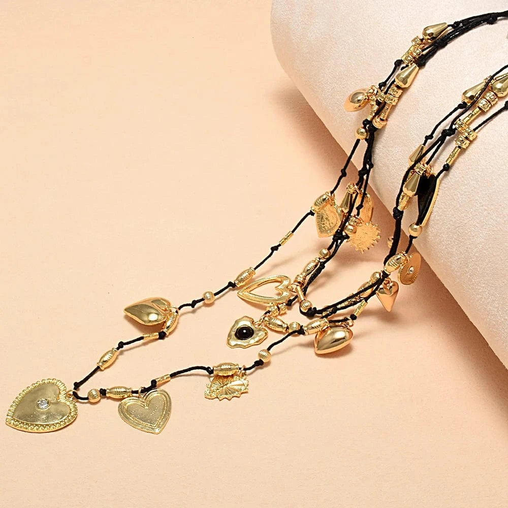 Vintage Multi Layer Rope Heart Pendant Necklaces for Women Personality Metal Love Chokers Necklaces Jewelry Accessories