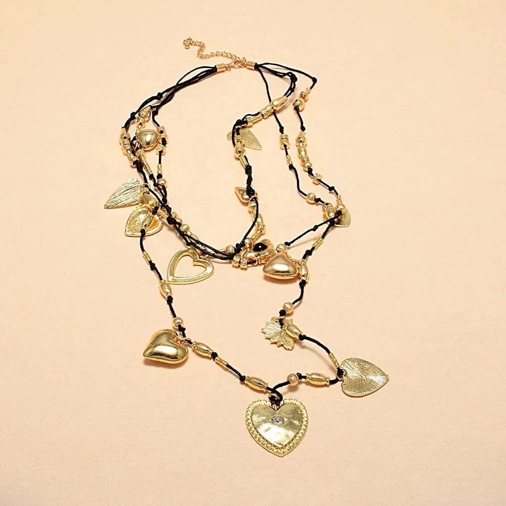 Vintage Multi Layer Rope Heart Pendant Necklaces for Women Personality Metal Love Chokers Necklaces Jewelry Accessories