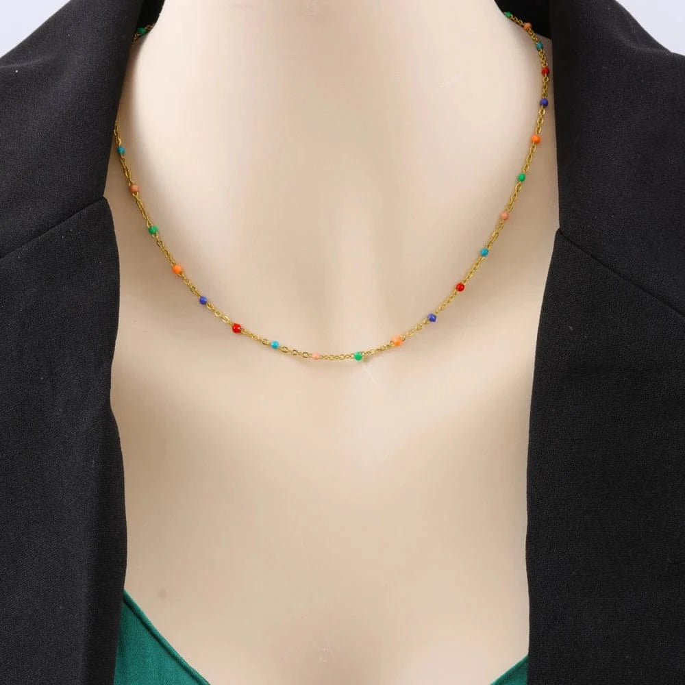 Vintage / other / C1 Simple Fashion Colorful Oil Drip 18k Gold Plated Stainless Steel Chain Necklace Choker Women Jewelry