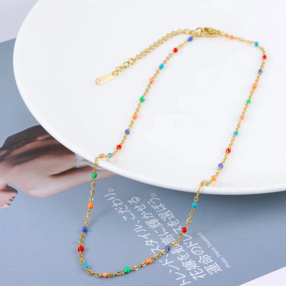 Vintage / other / C1 Simple Fashion Colorful Oil Drip 18k Gold Plated Stainless Steel Chain Necklace Choker Women Jewelry