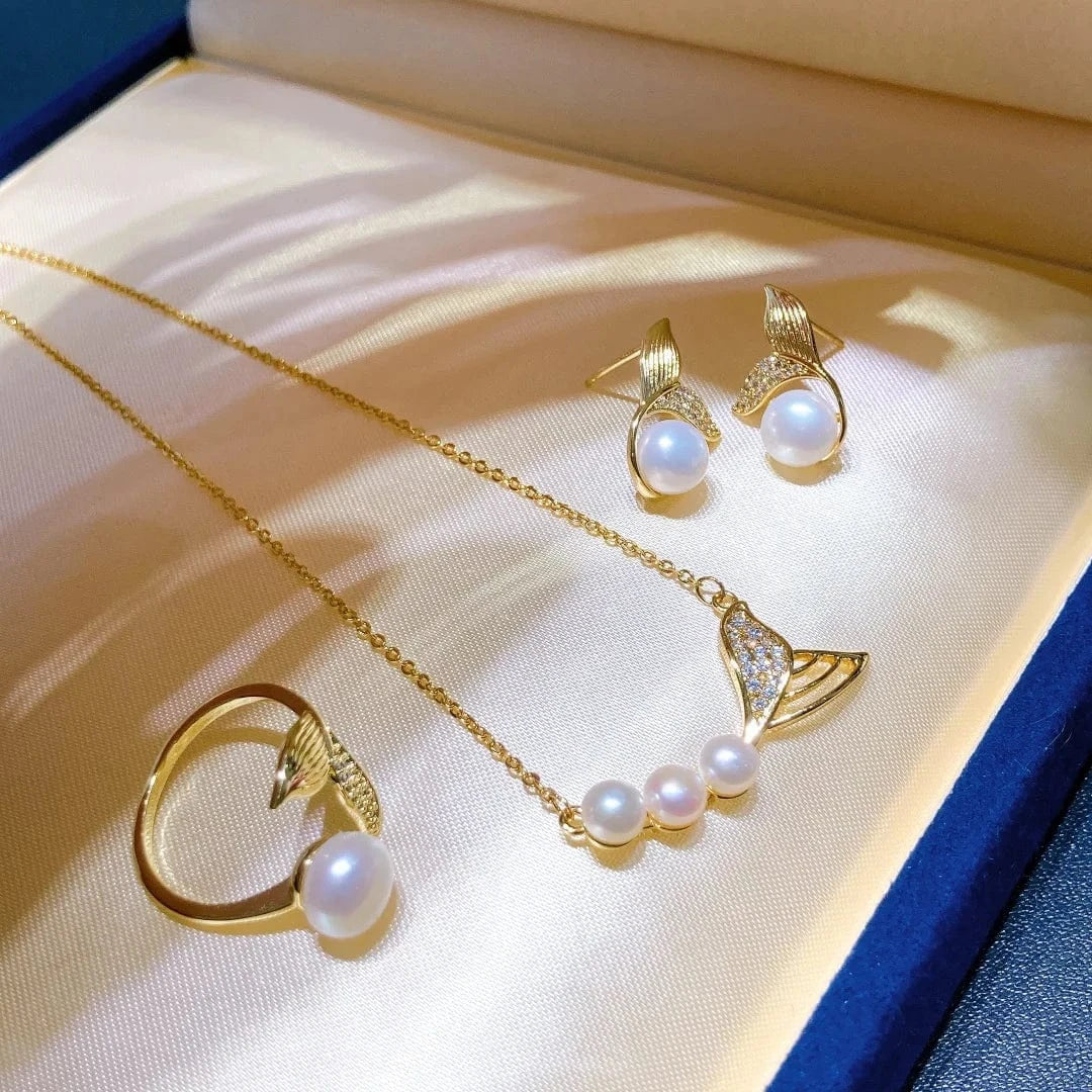 Vintage / pearl jewelry set Custom 925 sterling silver necklace earring ring fashion Mermaid pearl wedding jewelry set for women