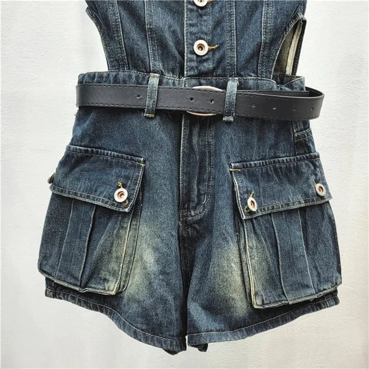 Vintage Pockets Casual Denim Jumpsuits For Women Strapless Sleeveless High Waist Off Shoulder Jumpsuit