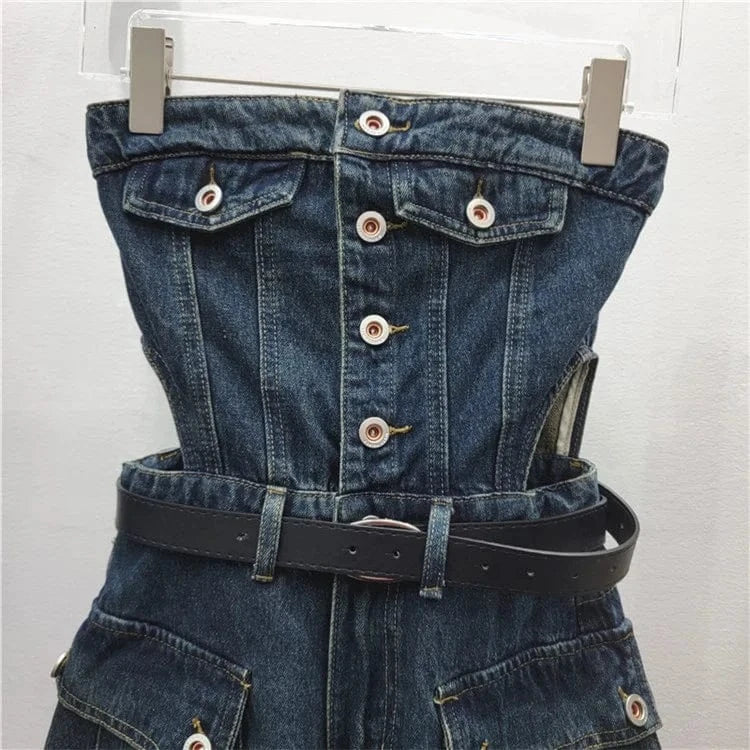 Vintage Pockets Casual Denim Jumpsuits For Women Strapless Sleeveless High Waist Off Shoulder Jumpsuit