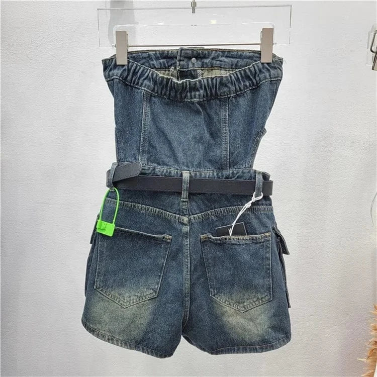 Vintage Pockets Casual Denim Jumpsuits For Women Strapless Sleeveless High Waist Off Shoulder Jumpsuit