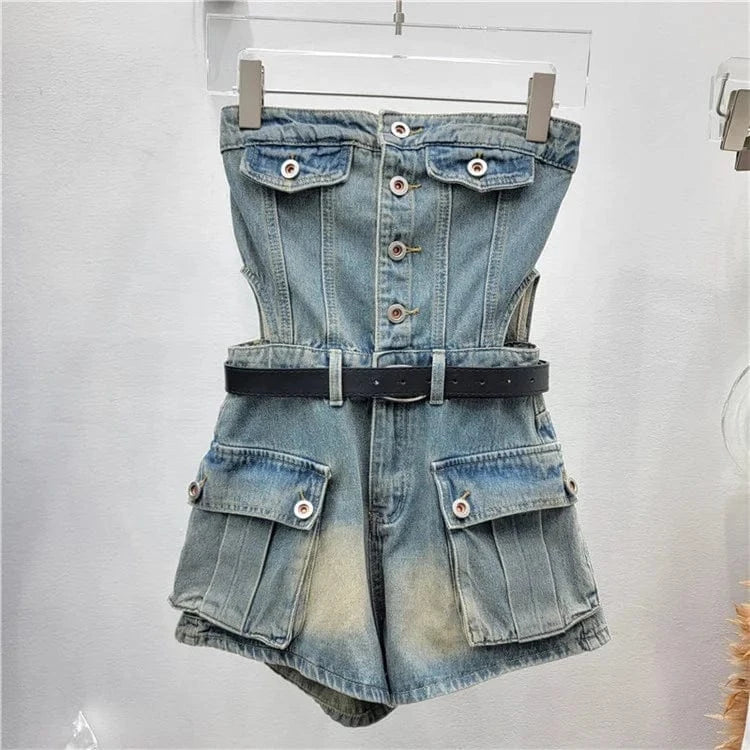 Vintage Pockets Casual Denim Jumpsuits For Women Strapless Sleeveless High Waist Off Shoulder Jumpsuit