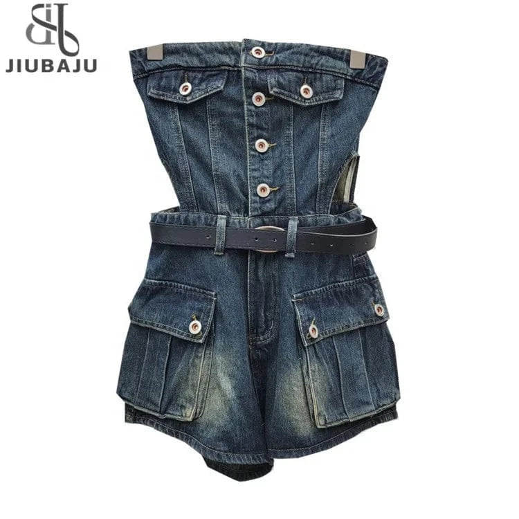 Vintage Pockets Casual Denim Jumpsuits For Women Strapless Sleeveless High Waist Off Shoulder Jumpsuit