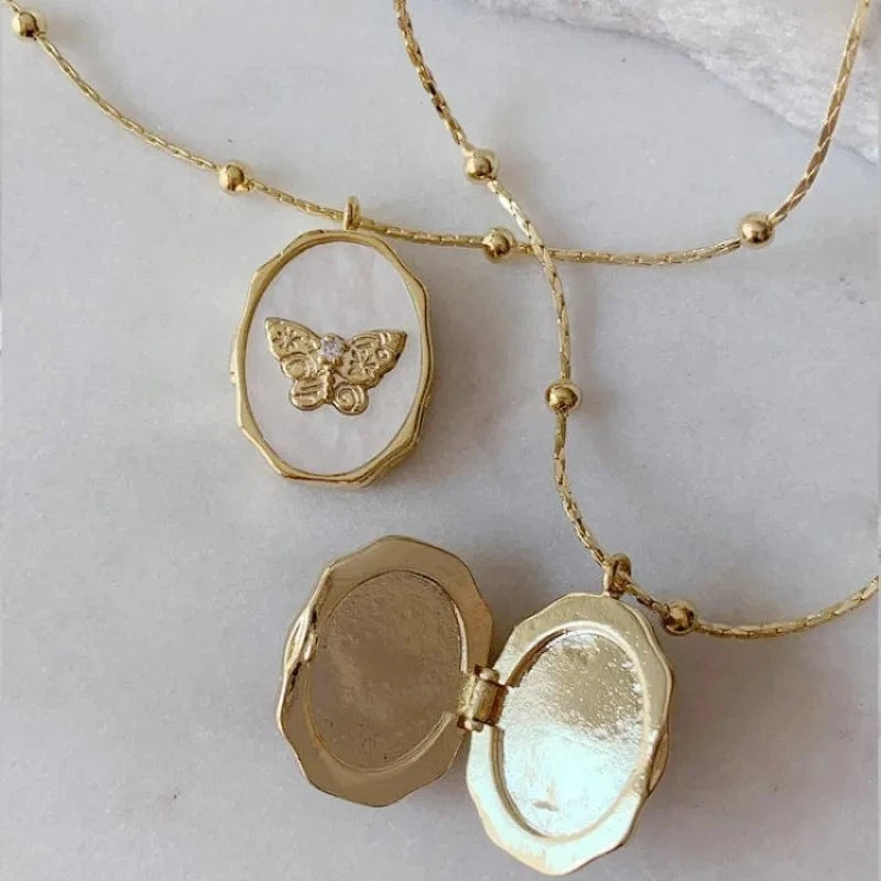 Vintage Shell Photo Album Frame Pendant Necklace 18k Gold Plated Butterfly Women Jewelry