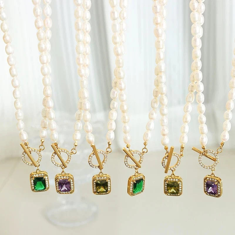 Vintage Stainless Steel Jewelry Necklace Zircon Freshwater Pearl OT Buckle Crystal Necklace