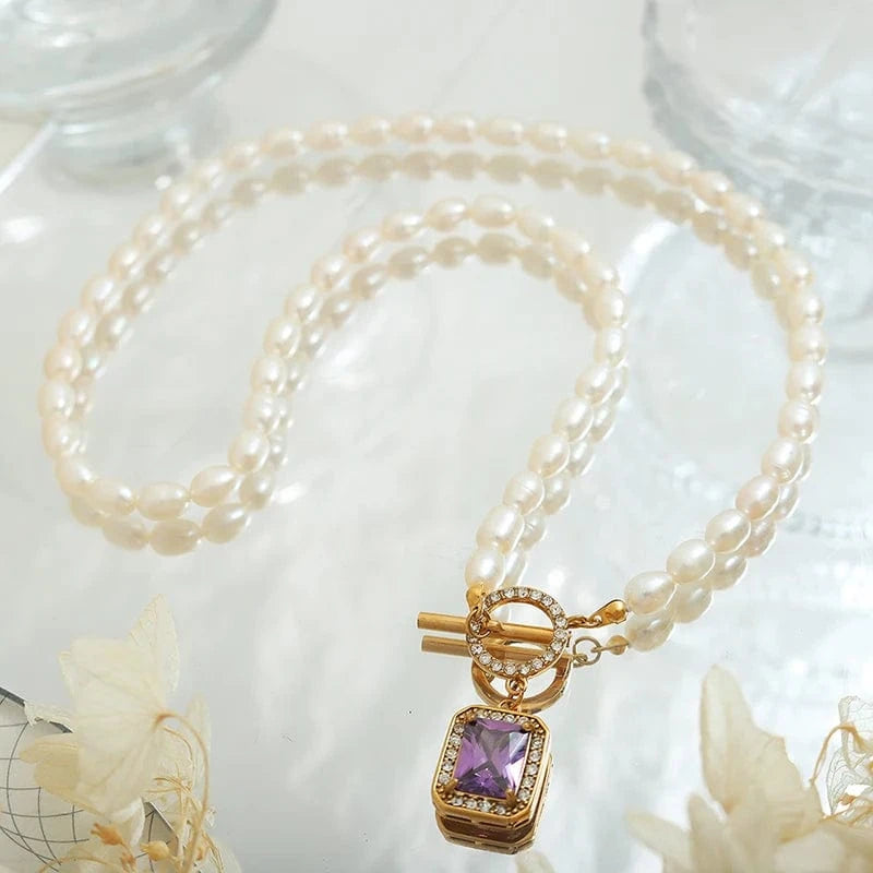 Vintage Stainless Steel Jewelry Necklace Zircon Freshwater Pearl OT Buckle Crystal Necklace