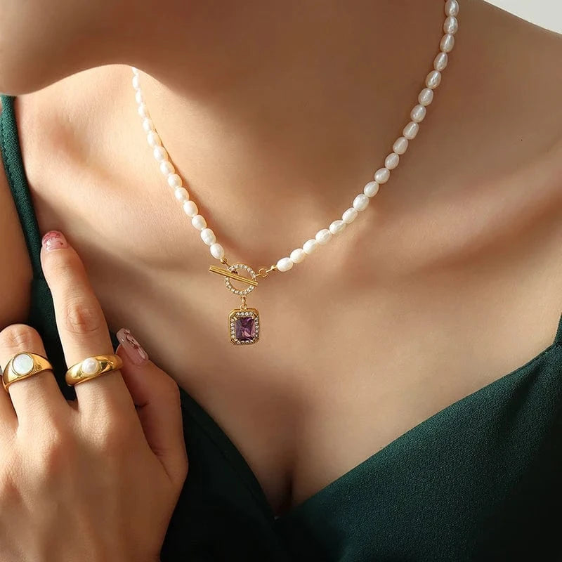 Vintage Stainless Steel Jewelry Necklace Zircon Freshwater Pearl OT Buckle Crystal Necklace