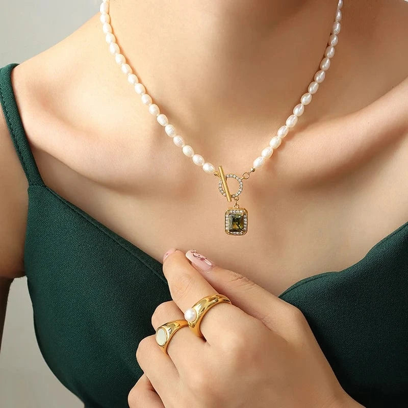 Vintage Stainless Steel Jewelry Necklace Zircon Freshwater Pearl OT Buckle Crystal Necklace