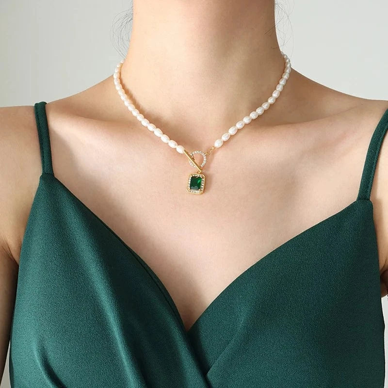 Vintage Stainless Steel Jewelry Necklace Zircon Freshwater Pearl OT Buckle Crystal Necklace