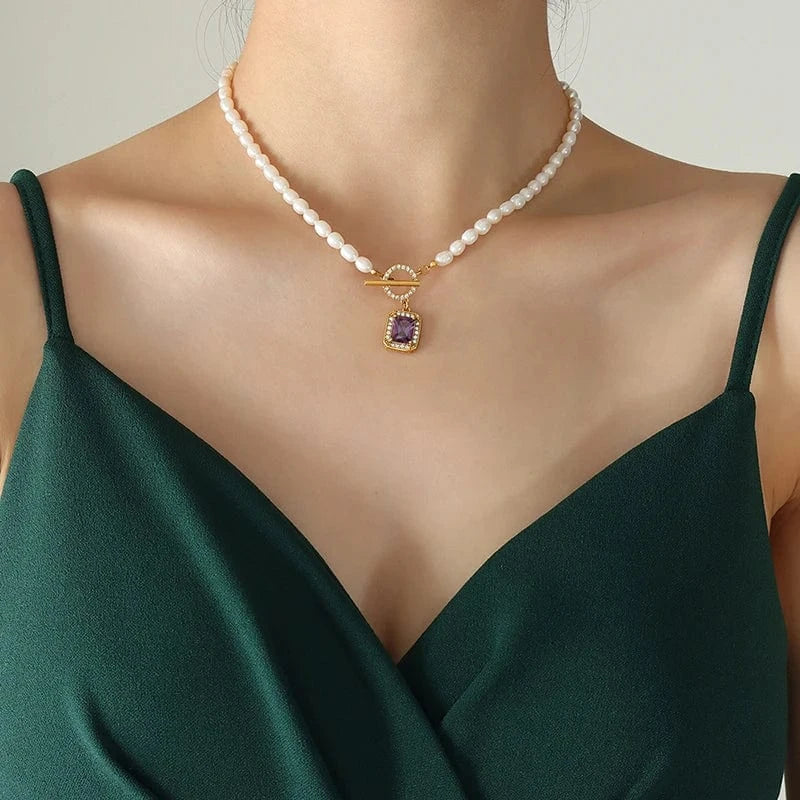 Vintage Stainless Steel Jewelry Necklace Zircon Freshwater Pearl OT Buckle Crystal Necklace