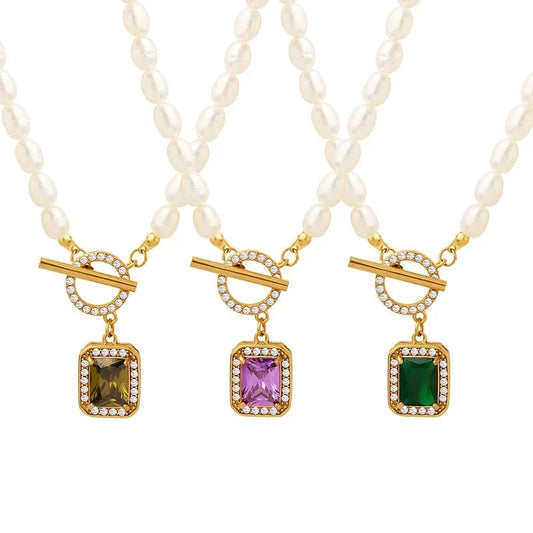 Vintage Stainless Steel Jewelry Necklace Zircon Freshwater Pearl OT Buckle Crystal Necklace