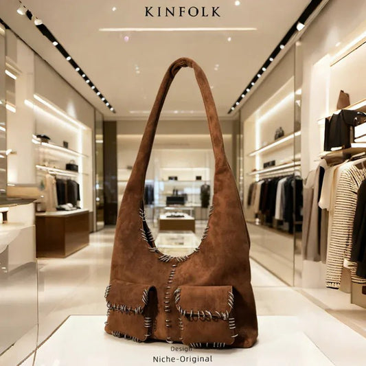 Vintage Suede Motorcycle Bag Fashionable Ring Decoration Multi - pocket Luxury Magnetic Buckle Crossbody Bag Shoulder Bag Handbag - SN Wigs & More