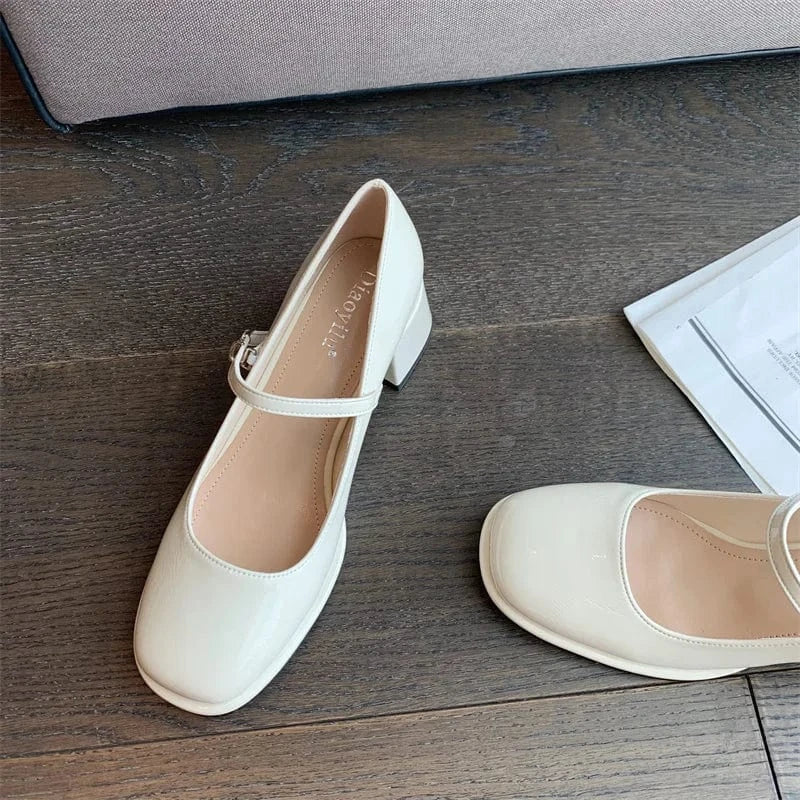 Vintage Thick Mary Jane Shoes Women 2022 Patent Leather Woman Round Toe Pumps Mujer Chunky Ladies Heels