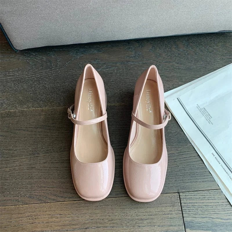 Vintage Thick Mary Jane Shoes Women 2022 Patent Leather Woman Round Toe Pumps Mujer Chunky Ladies Heels
