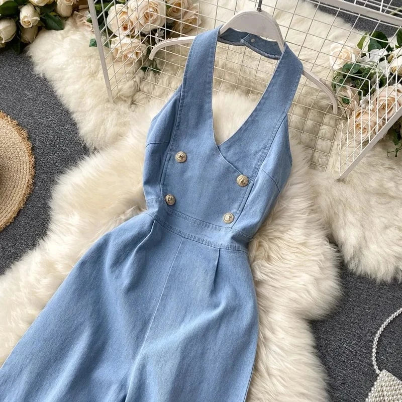 Vintage Wide Leg Women'S Suspenders Sleeveless Denim Jumpsuit