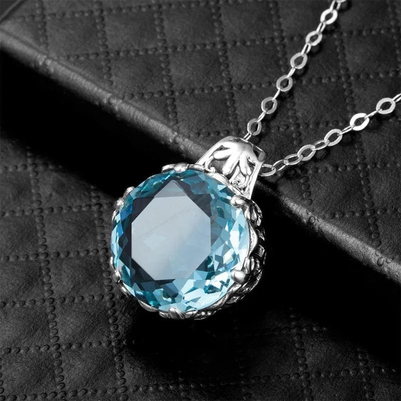Vintage Women Aquamarine Gemstone Pendant 925 Silver Necklace Pendant Gemstone Wedding Jewelry