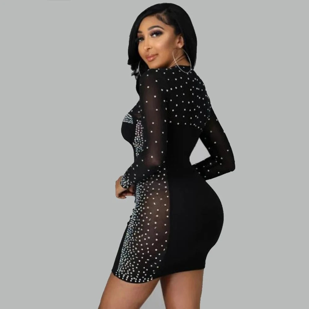 VK2226 Autumn Fashion Plus Size Dress Bodycon Sexy Transparent Beading O-Neck Women Dress Long Sleeve
