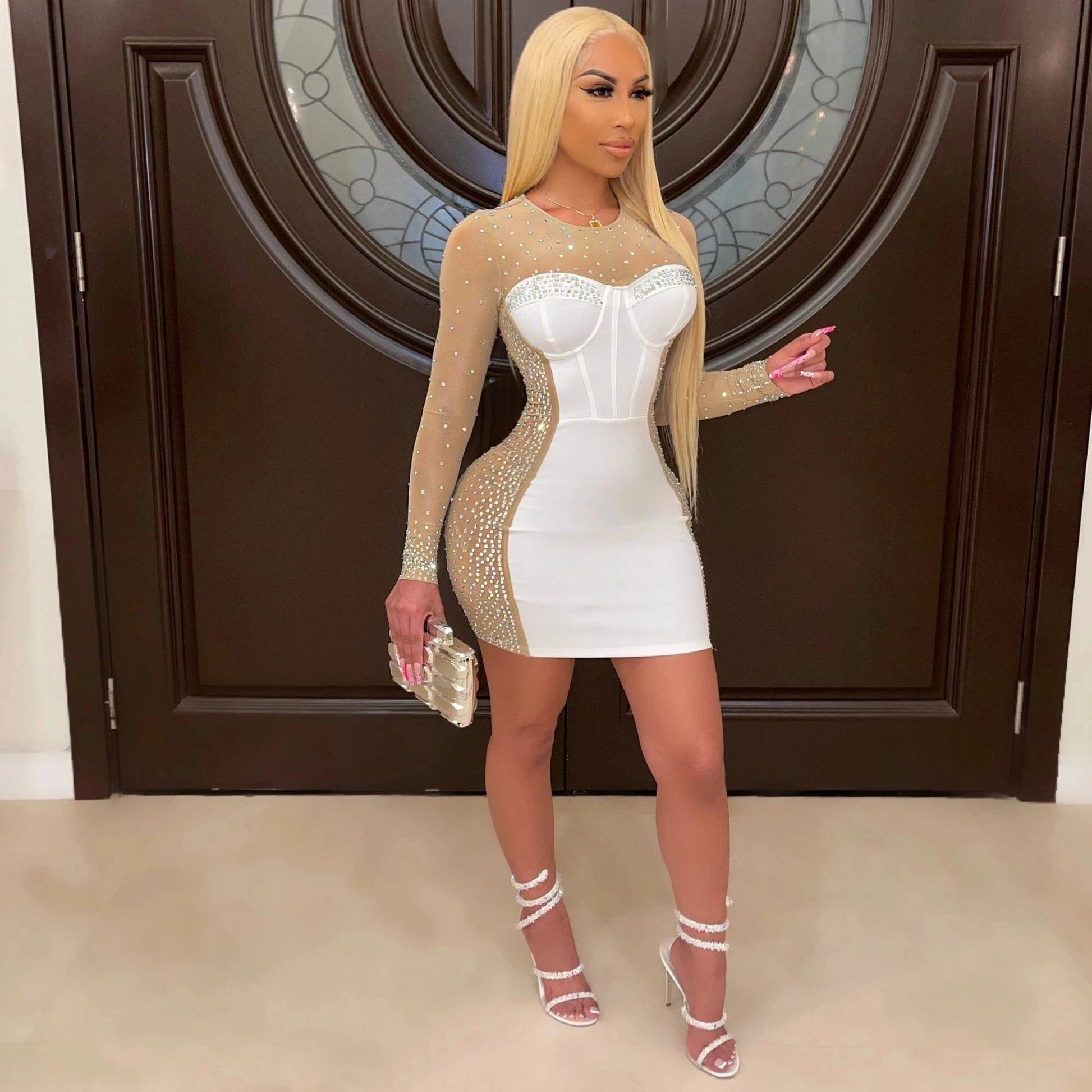 VK2226 Autumn Fashion Plus Size Dress Bodycon Sexy Transparent Beading O-Neck Women Dress Long Sleeve