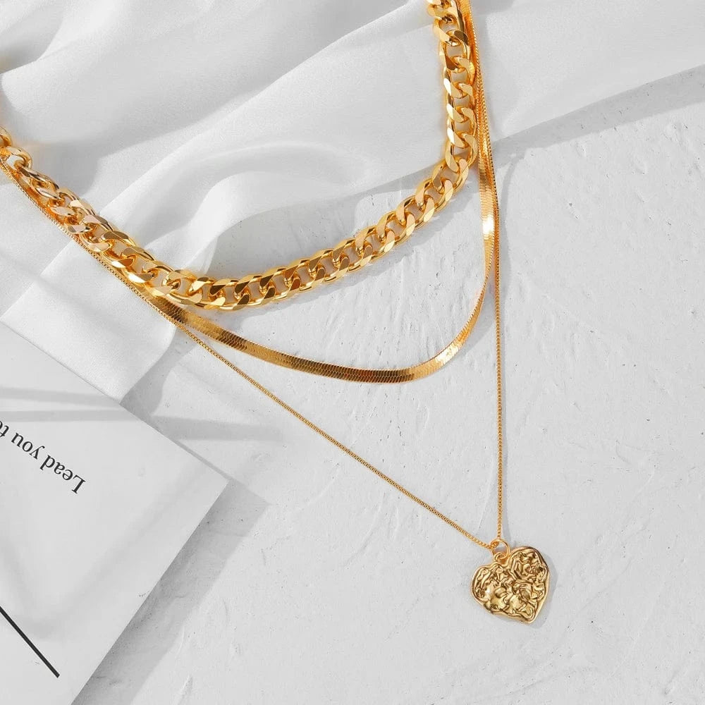 VKME Fashion  Cuban Chain Snake Bone Chain Love Pendant Necklace Set Trend Women Jewelry