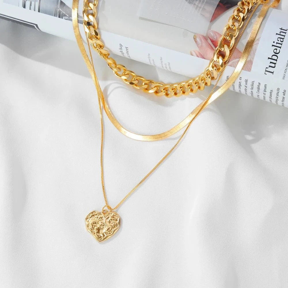 VKME Fashion  Cuban Chain Snake Bone Chain Love Pendant Necklace Set Trend Women Jewelry