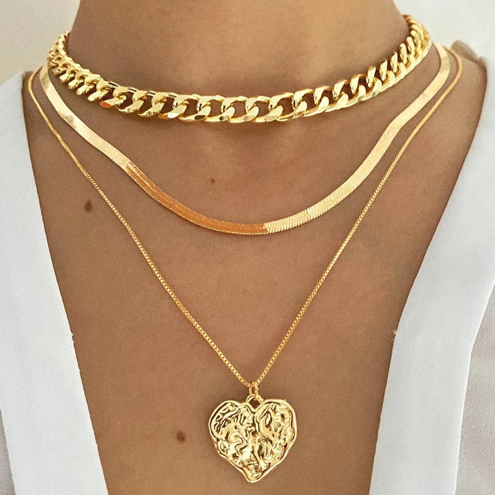 VKME Fashion  Cuban Chain Snake Bone Chain Love Pendant Necklace Set Trend Women Jewelry