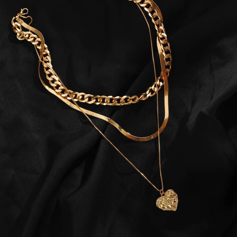 VKME Fashion  Cuban Chain Snake Bone Chain Love Pendant Necklace Set Trend Women Jewelry